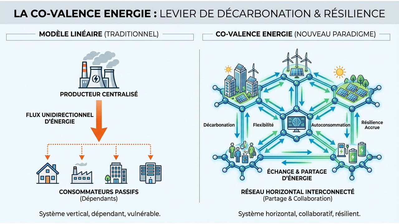 Schéma comparatif montrant à gauche un modèle énergétique linéaire traditionnel avec un flux unidirectionnel du producteur vers les consommateurs passifs, et à droite le modèle de co-valence énergie avec des flux multidirectionnels entre entreprises, collectivités, citoyens et pouvoirs publics partageant et optimisant la valeur énergétique