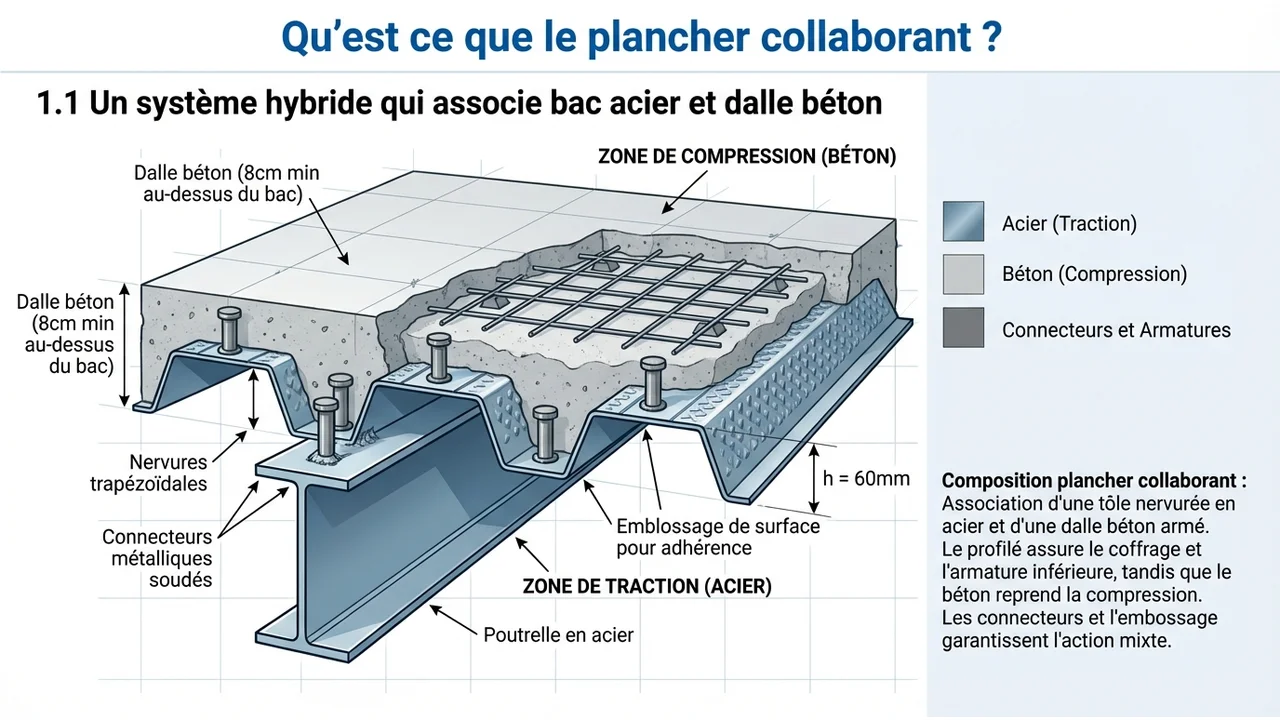 Schéma en coupe d'un plancher collaborant montrant la tôle nervurée en acier galvanisé avec embossages, le treillis soudé, la dalle béton et les dimensions caractéristiques