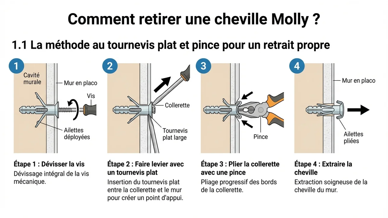 Diagramme illustrant en 5 étapes le retrait d'une cheville Molly : dévissage de la vis, insertion du tournevis plat sous la collerette, levier pour plier le métal, extraction des fragments avec pince, et poussée du corps dans la cavité murale