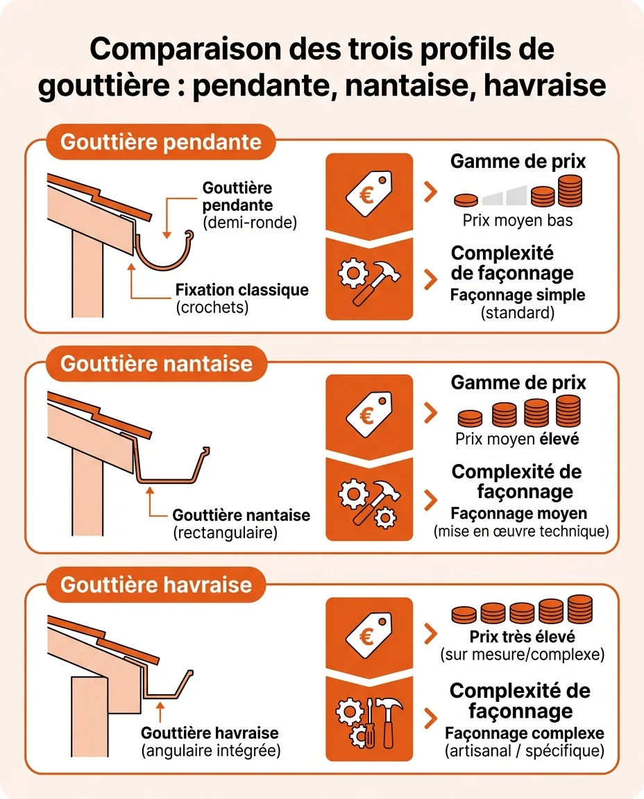 Comparaison des trois profils de gouttière : pendante, nantaise, havraise