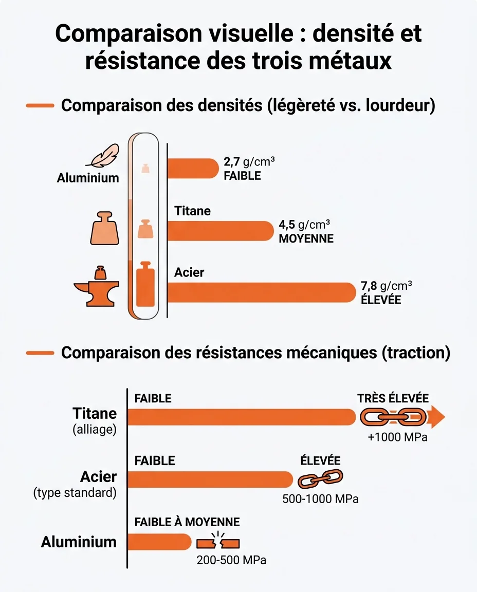 Comparaison visuelle : densité et résistance des trois métaux