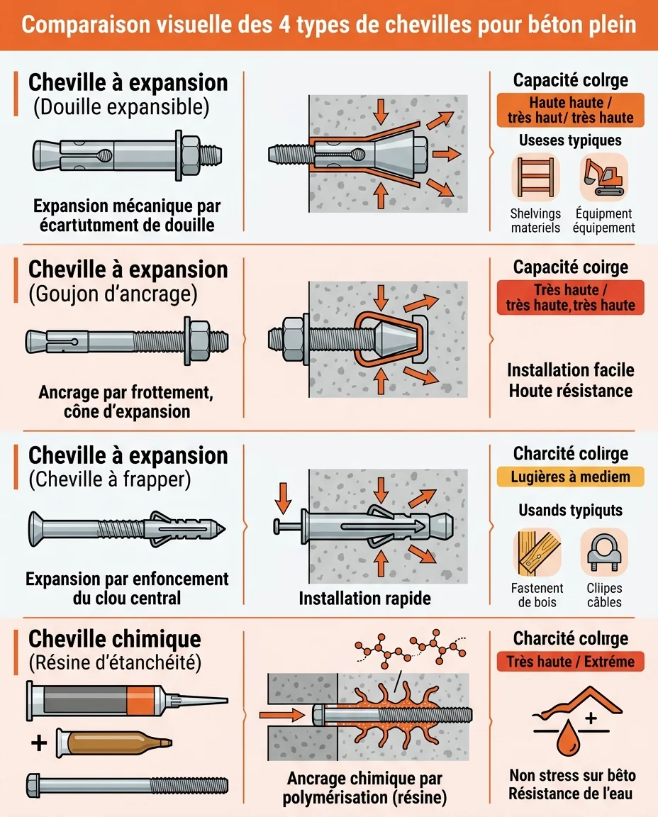 Comparaison visuelle des 4 types de chevilles pour béton plein