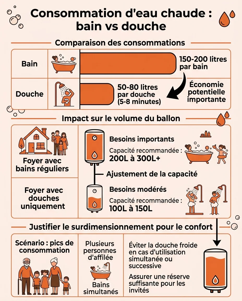Consommation d'eau chaude : bain vs douche