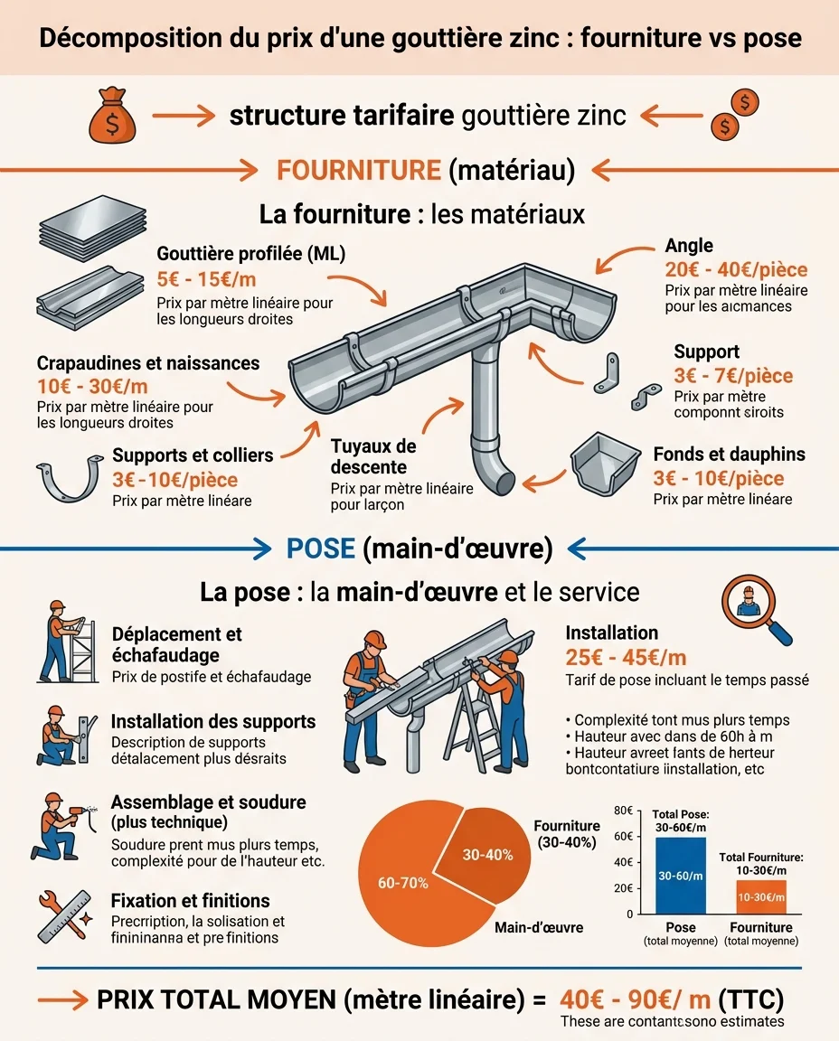Décomposition du prix d'une gouttière zinc : fourniture vs pose