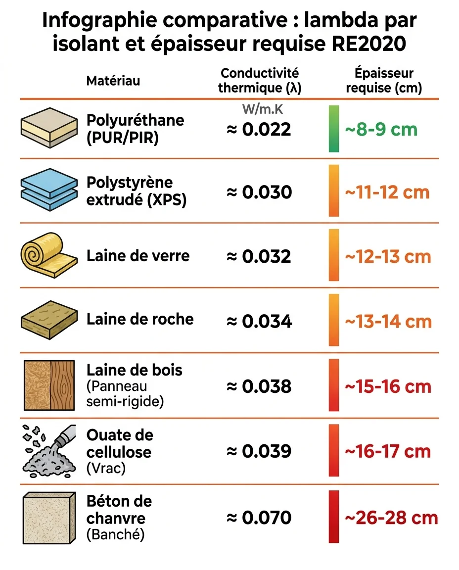 Infographie comparative : lambda par isolant et épaisseur requise RE2020