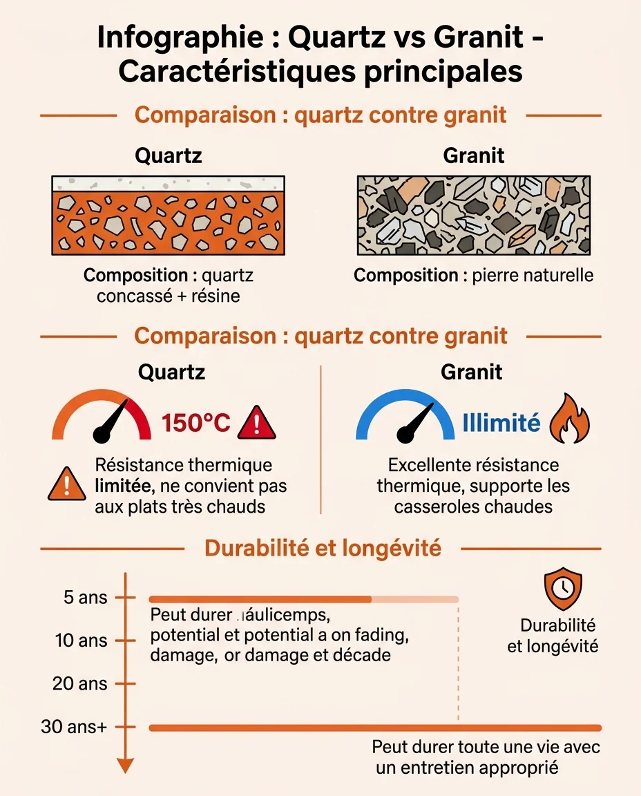 Infographie : Quartz vs Granit - Caractéristiques principales