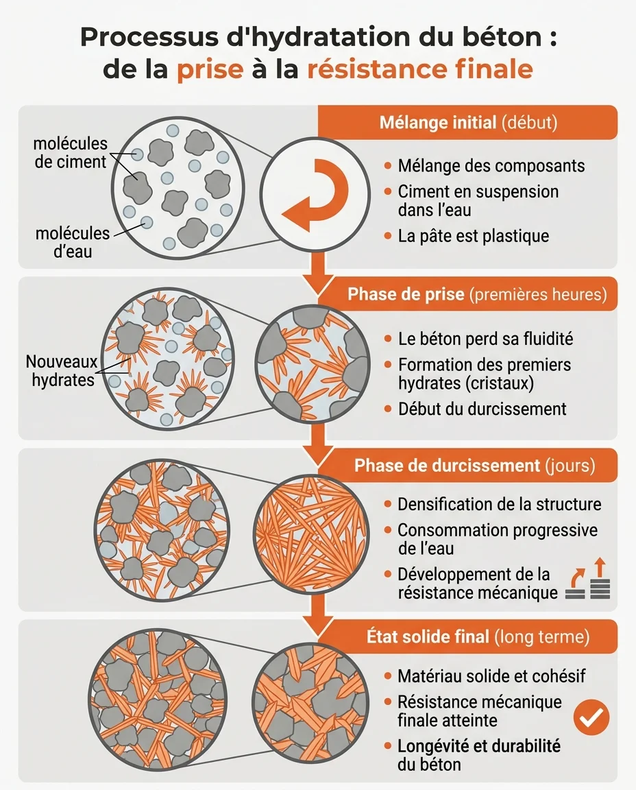 Processus d'hydratation du béton : de la prise à la résistance finale