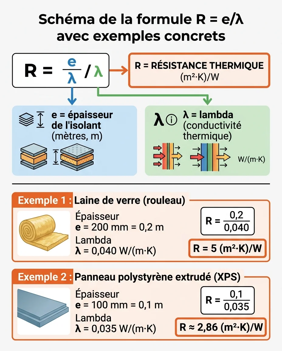 Schéma de la formule R = e/λ avec exemples concrets