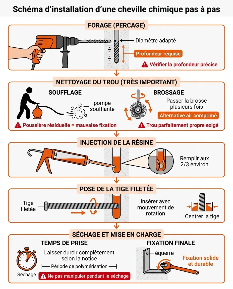 Schéma d'installation d'une cheville chimique pas à pas