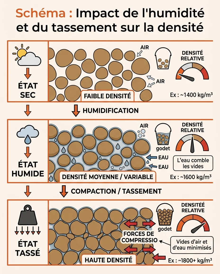 Schéma : Impact de l'humidité et du tassement sur la densité
